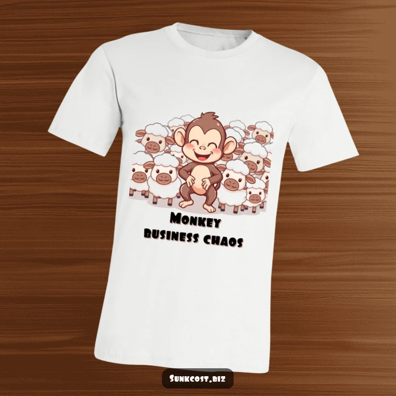Funny t-shirt featuring a giggling monkey comically attempting to herd confused sheep, perfect for animal lovers seeking humor.