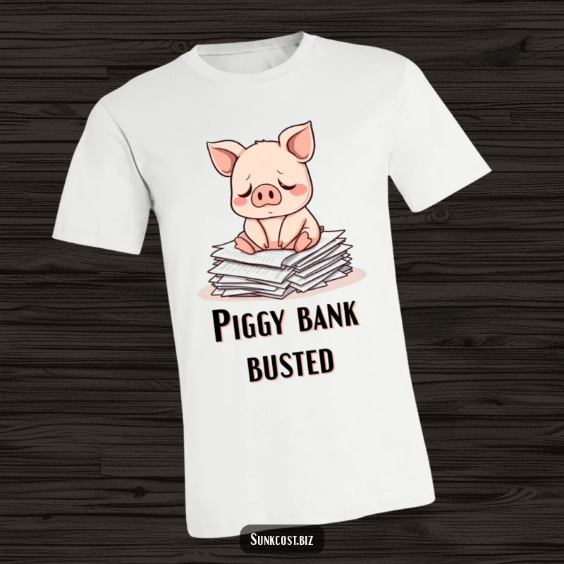 Funny sad pig sitting on investment papers, ideal funny market humor gift.