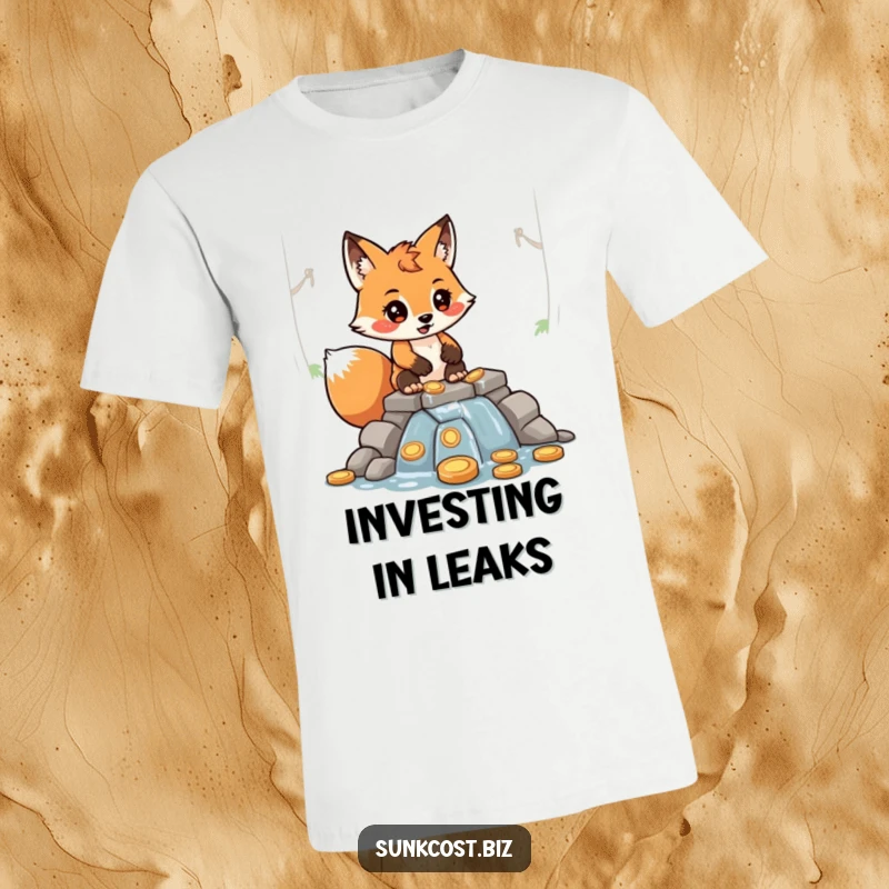 Funny determined fox character constructing a leaky dam using shiny coins, printed on a hilarious finance-themed t-shirt.