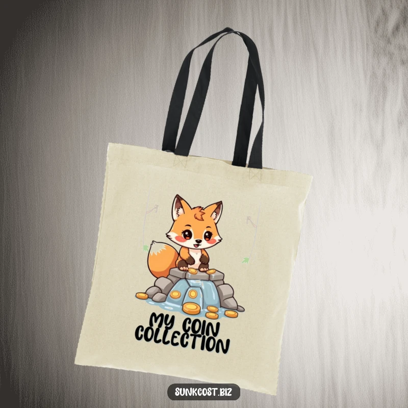 Funny determined fox character meticulously building a leaky dam using a pile of coins, on a humorous tote bag.